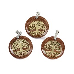 Камень с Пылевым Золотом Плоские круглые подвески из синтетического золотого камня, подвески в виде дерева жизни с платиновым покрытием, латунные, с застежкой на дужке, без кадмия и без свинца, 30.5~32x25~25.5x6.5~7.5 мм, отверстие : 4.5x3.5 мм