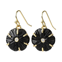 Обсидиан Серьги-подвески из натурального обсидиана с цветком, с прозрачным кубическим цирконием и латунной фурнитурой, золотые, стойки покрытие, 25x16.5 мм