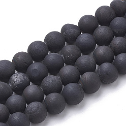 Black Plated Electroplate Natural Druzy Geode Weathered Agate Beads Strands, Frosted, Dyed, Round, Black Plated, 7.5~8mm, Hole: 1~1.5mm, about 44~46pcs/strand, 14.5~15 inch