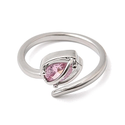 Pink Латунные микропаве кубические цирконии манжеты открытые кольца для женщин, цветок, долговечный, стойки покрытие, платина, розовые, размер США 7 1/4 (17.5 мм)
