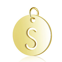 Letter S 304 Stainless Steel Charms, Flat Round with Letter, Golden, Letter.S, 12x1mm, Hole: 2.5mm