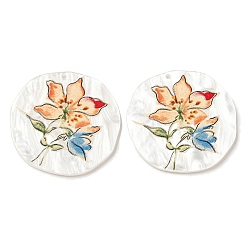 PeachPuff Opaque Acrylic Pendants, Flat Round with Flower, PeachPuff, 37.5x2.5mm, Hole: 1.6mm