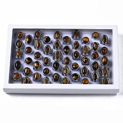 Tiger Eye Natural Tiger Eye Rings, with Alloy Findings, Mixed Size, Mixed Shape, Antique Silver, 17~20mm, 50pcs/box