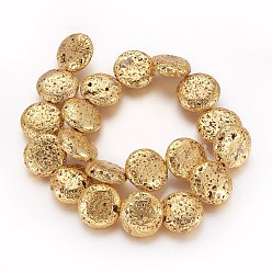 Golden Plated Electroplated Natural Lava Rock Beads Strands, Long-Lasting Plated, Flat Round, Golden Plated, 19~20x6.5~7mm, Hole: 1mm, about 20pcs/strand, 14.56 inch(37cm)