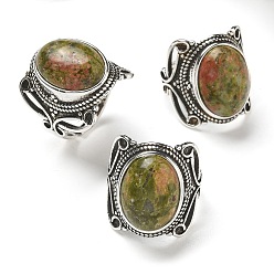 Унакит Регулируемые кольца из натурального унакита, без свинца и без кадмия, старинные посеребренные латунные перстни для женщин, овальные, 20.5 мм, внутренний диаметр: 17 мм
