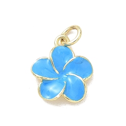 Deep Sky Blue Brass Enamel Pendants, Flower Charms, Rack Plating, Long-Lasting Plated, Cadmium Free & Lead Free, Real 18K Gold Plated, Deep Sky Blue, 15x12.5x3.5mm, Hole: 3mm