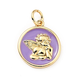 Pourpre Moyen Laiton émail pendentifs, avec des anneaux de saut, sans cadmium et sans plomb, réel 18 k plaqué or, plat rond avec l'ange, support violet, 18.5mm, Trou: 3.5mm