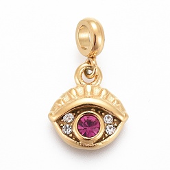 Golden Ion Plating(IP) 304 Stainless Steel Charms, with Rhinestone and Tube Bails, Eye, Fuchsia & Crystal, Golden, 14.7mm, Pendant: 9.6x8.5x2.3mm, Hole: 2.5mm