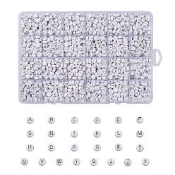 Letter A~Z Plating Acrylic Beads, Silver Metal Enlaced, Horizontal Hole, Flat Round with Letter, White, Letter A~Z, 1728pcs/box
