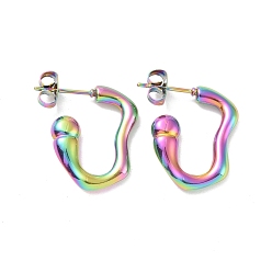 Rainbow Color Ion Plating(IP) 304 Stainless Steel Stud Earring for Women, Hook Shape, Rainbow Color, 20x15x3.5mm, Pin: 0.8mm