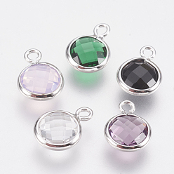 Mixed Color Glass Charms, with Brass Findings, Faceted Flat Round, Nickel Free, Real Platinum Plated, Mixed Color, 9.5x7x3mm, Hole: 1.2mm