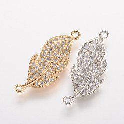Mixed Color Brass Micro Pave Cubic Zirconia Links, Leaf, Mixed Color, 11x29.5x2.5mm, Hole: 1mm