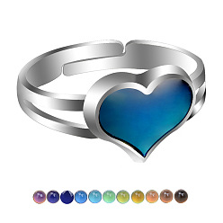 Platinum Enamel Heart Mood Ring, Temperature Change Color Emotion Feeling Alloy Adjustable Ring for Women, Platinum, Inner Diameter: 17mm