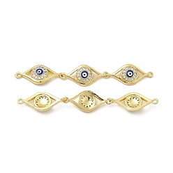 Royal Blue Brass Micro Pave Clear Cubic Zirconia Connector Charms, with Enamel, 3 Evil Eye Links, Real 18K Gold Plated, Royal Blue, 63x10x3.8mm, Hole: 1.4mm