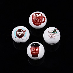 Drink Coffee Theme Printed Wooden Beads, Christmas Round, Mixed Color, Drink Pattern, 15.5~16x15mm, Hole: 3.5mm