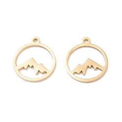 Golden 304 Stainless Steel Charms, Laser Cut, Hollow, Flat Round with Mountain, Golden, 14x12x1mm, Hole: 1.2mm