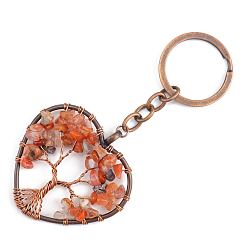 Carnelian Natural Carnelian Pendant Keychains, with Brass Findings and Alloy Key Rings, Heart with Tree of Life, 10.7cm