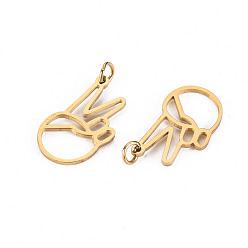 Real 14K Gold Plated 304 Stainless Steel ASL Charms, Peace Hand Charms, with Jump Rings, Laser Cut, Gesture for Win, Real 14K Gold Plated, 12.5x7.5x1mm, Jump Ring: 2.8x0.5mm, 1.8mm inner diameter