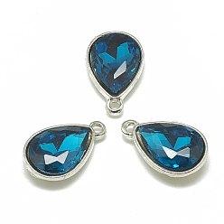 Teal Alloy Glass Charms, Faceted, teardrop, Platinum, Teal, 14.5x9x5mm, Hole: 1.5mm