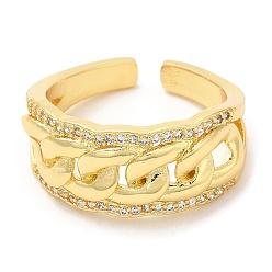 Real 16K Gold Plated Rack Plating Brass Curb Chains Shape Open Cuff Ring with Cubic Zirconia, Real 16K Gold Plated, US Size 7 1/4(17.5mm)