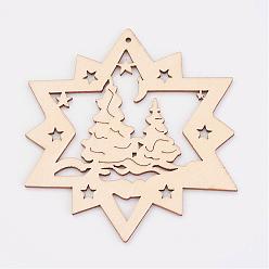 Antique White Undyed Wooden Pendants, Star, for Christmas Theme, Antique White, 99.5x92x3mm, Hole: 2mm