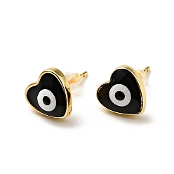 Black Heart with Evil Eye Enamel Stud Earrings, Gold Plated Brass Jewelry for Women, Cadmium Free & Lead Free, Black, 9.5x9.5mm, Pin: 0.8mm