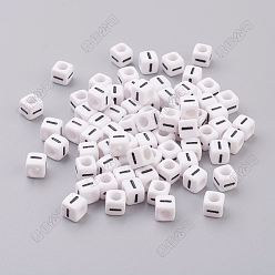 Letter I Акриловые бусины с горизонтальными отверстиями, с эмалью, кубические, Буква "i", 6x6x6 мм, отверстие : 3.2 мм