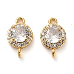 Clear Brass Pave Cubic Zirconia Connector Charms, Flat Round Links, Real 18K Gold Plated, Clear, 14.5x9x5mm, Hole: 1.5mm