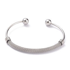 Stainless Steel Color 304 Stainless Steel Torque Bangles, Mesh Bangles, with Round Immovable Beads, Stainless Steel Color, 2-1/2x1-7/8 inch(6.3x4.8cm)