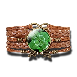 Vert Foncé Bracelet à maillons trèfle de verre, Bracelet large en cuir PU tressé pour femme, vert foncé, 6-3/4 pouce (17 cm)
