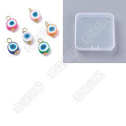 Mixed Color Handmade Polymer Clay Pendants, with Golden Tone Iron & Alloy Findings, Flat Round with Evil Eye, Mixed Color, 15~16x9x4.5mm, Hole: 3x3.6mm, 120pcs/box