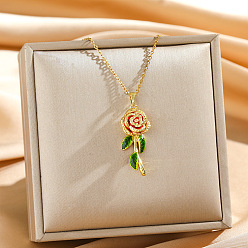 Золотой Подвеска в виде красной розы из латуни с эмалью для женщин., золотые, 17.72 дюйм (45 см), подвеска: 30 мм.