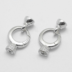 Platinum Rhodium Plated 925 Sterling Silver Key Clasps, with Cubic Zirconia, with 925 Stamp, Ring, Platinum, 27x15x6.5mm, Hole: 2mm