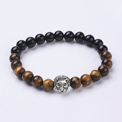 Mixed Stone Natural Obsidian and Tiger Eye Stretch Bracelets, with Alloy Findings, Lion Head, Antique Silver, 2-1/8 inch(55mm)