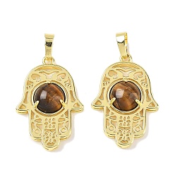 Тигровый глаз Природных тигровый глаз подвески, латунные полые хамса ручные амулеты, стойки покрытие, без кадмия и без свинца, золотые, 33x22x6.5 мм, отверстие : 7.5x5 мм
