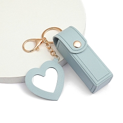 Light Blue PU Leather Lipstick Storage Bags, Portable Lip Balm Organizer Holder for Women Ladies, with Light Gold Tone Alloy Keychain and Mirror, Heart, Light Blue, 9x2.5cm