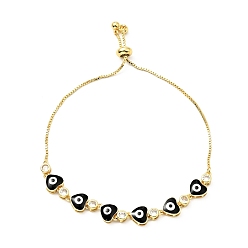 Black Clear Cubic Zirconia & Enamel Heart with Evil Eye Links Slider Bracelet, Gold Plated Brass Jewelry for Women, Lead Free & Cadmium Free, Black, 10-3/8 inch(26.4cm)