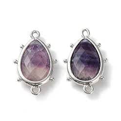 Fluorite Natural Fluorite Connector Charms, with Platinum Plated Brass Edge Loops, Faceted, Teardrop, 24x14.5x5mm, Hole: 1.2mm & 1.4mm