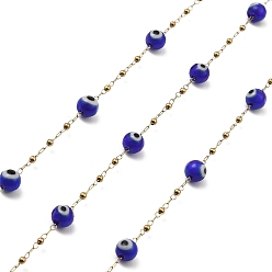 Medium Blue Evil Eye Lampwork Beaded Link Chains, with Golden 304 Stainless Steel Paperclip Chains, Soldered, with Spool, Medium Blue, 6mm, 2mm, about 32.81 Feet(10m)/Roll