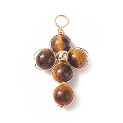 Tiger Eye Natural Tiger Eye Copper Wire Wrapped Pendants, Religion Cross Charms, with Brass Beads, Light Gold, 29.5~30x16.5~17x6.5~7mm, Hole: 3.5~4mm