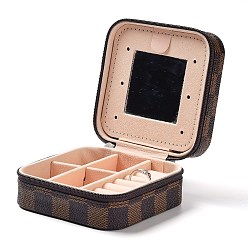 Coffee Tartan Square PU Leather Jewelry Storage Zipper Boxes, Jewellery Organizer Travel Case with Mirror Inside, for Necklace, Ring Earring Holder, Coffee, 10x10x5cm