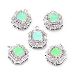 Lime Brass Micro Pave Cubic Zirconia Pendants, Octagon, Real Platinum Plated, Lime, 18x16x7~8mm, Hole: 3.4mm, Jump Ring: 5x0.8mm