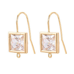 Настоящее золото 18K Латунные крючки для серьги из чистого циркония, без кадмия, без никеля и без свинца, квадратный, реальный 18 k позолоченный, 20~22x9.5 мм, отверстие : 1~1.2 мм, штифты : 0.8 мм