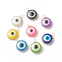 Light Gold Transparent Evil Eye Resin Pendants, with Copper Wire Wrapped, Mixed Color, Flat Round Charm, Light Gold, 28.5~29x21.5~22.5x9mm, Hole: 4~4.5mm