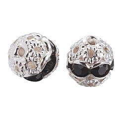 Jet Brass Rhinestone Beads, Grade A, Silver Color Plated, Round, Jet, 8mm, Hole: 1mm, 20pcs/box