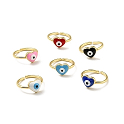 Mixed Color Enamel Heart with Evil Eye Open Cuff Ring, Gold Plated Brass Jewelry for Women, Cadmium Free & Lead Free, Mixed Color, US Size 7(17.3mm)