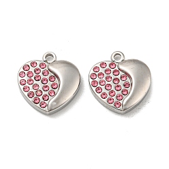Light Rose Real 14K Gold Plated 304 Stainless Steel Charms, with Rhinestone, Heart, Light Rose, 13.5x13x3mm, Hole: 1.4mm