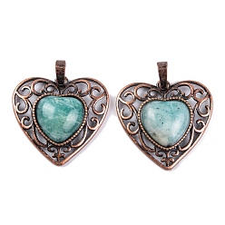 Amazonite Natural Amazonite Peach Love Heart Pendants, Rack Plating Brass Hollow Heart Charms, Cadmium Free & Lead Free, Red Copper, 29.5x30.5x7.5mm, Hole: 7.5x5mm