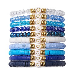 Deep Sky Blue 10Pcs Polymer Clay Disc & Glass & Brass Beaded Stretch Bracelets Set, Heart Stackable Bracelets, Deep Sky Blue, Inner Diameter: 2-1/8 inch(5.4cm)