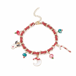 Red Christmas Candy Cane & Reindeer & Moon Alloy Charm Bracelet with Glass Beads, Bracelet with Aluminium Curb Chains for Women, Golden, Red, 7-1/2 inch(19cm)